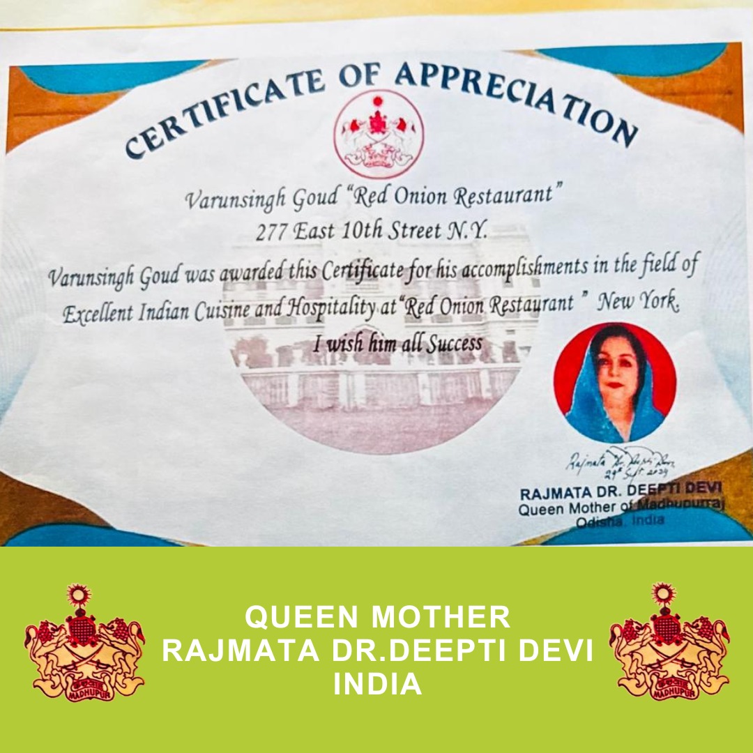Certificate of Appreciation awarded to Red Onion — award-winning Indian restaurant in East Village, New York City